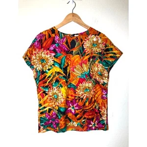 Bob Mackie 100% Silk Short-Sleeved Blouse Vibrant Floral Sequins Size: 10 Artsy  - Picture 1 of 16