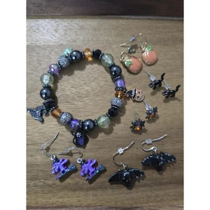 Vintage Halloween Purple Orange and Black Jewelry Lot Bracelet Pairs of Earrings - Picture 1 of 2