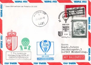 Österreich, Ballonpost 1981 WIPA Sonderfahrt Pro Juventute Oberösterreich Beleg - Picture 1 of 3