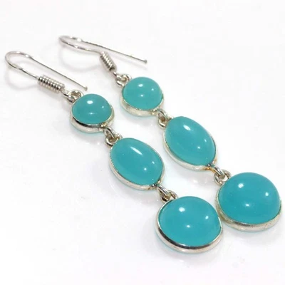 Blue Chalcedony 925 Silver Plated Earrings 2.5" Aesthetic Jewellery GW - Image 1 of 3