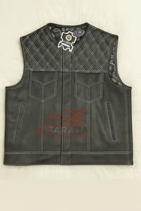 Mens Black Leather Motorcycle Vest Club Style Diamond Stitch Biker Riding Vest - Picture 1 of 4