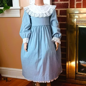 Bryan Girls Bib Collar Dress 7 Vtg Blue Floral Fit & Flare Long Sleeve Lace Trim - Picture 1 of 7