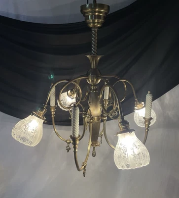 RESTORED Antique Victorian Converted Gas Chandelier Gasolier Arts & Crafts Deco - Image 1 of 4