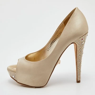 Gina Cream Satin Crystal Embellished Heel Open Toe Platform Pumps Size 36.5 - Image 1 of 4
