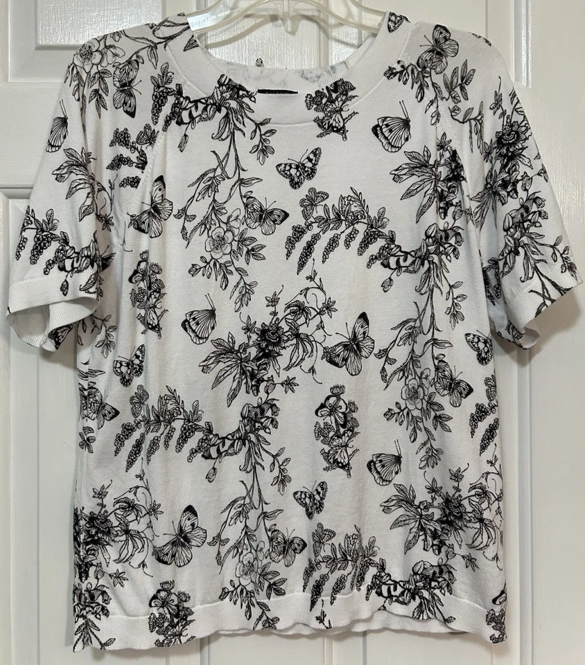 Talbots LP Petite Butterfly Toile Short Sleeve Sweater Novelty Print Cottagecore - Image 1 of 4