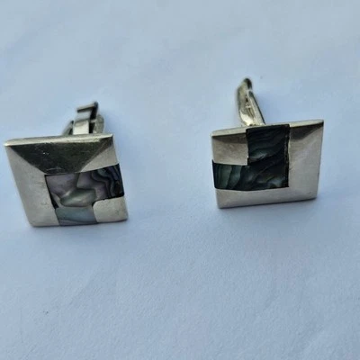 Pyramid Shaped Top Inlayed Abalone 925 Sterling Silver RM Mexico Taxco Cufflinks - Image 1 of 4