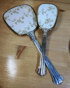 Vintage Art Nouveau Vanity Dresser Set 2 Piece Brush and Mirror Gold Tone Cream - Picture 1 of 11