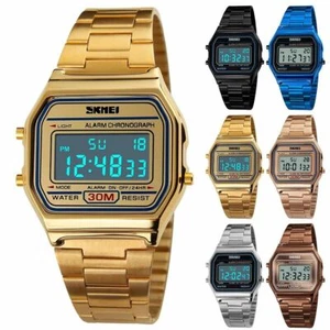 New Retro Sports Watch Digital Waterproof Stainless Steel Band Wristwatch UNISEX - Picture 1 of 22