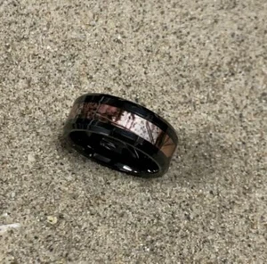 Free Engraving Ceramic with Camo Camouflage Inlay Beveled Edge Wedding Band Ring - Picture 1 of 7