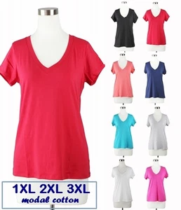 Women Plus Basic V Neck T-Shirt Short Sleeve Plain Modal Cotton 1X 2X 3X Plus - Picture 1 of 26
