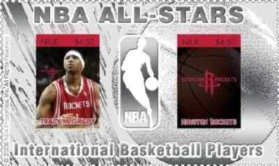 NBA Tracy McGrady/ Houston Rockets  s/s 2 stamps; Niue, 2007; Silver foil; MNH - Image 1 of 2