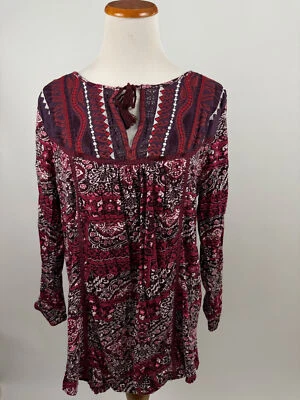 LUCKY BRAND栗色红色波西米亚针织刺绣上衣女式XL — 第 1/3 张图片
