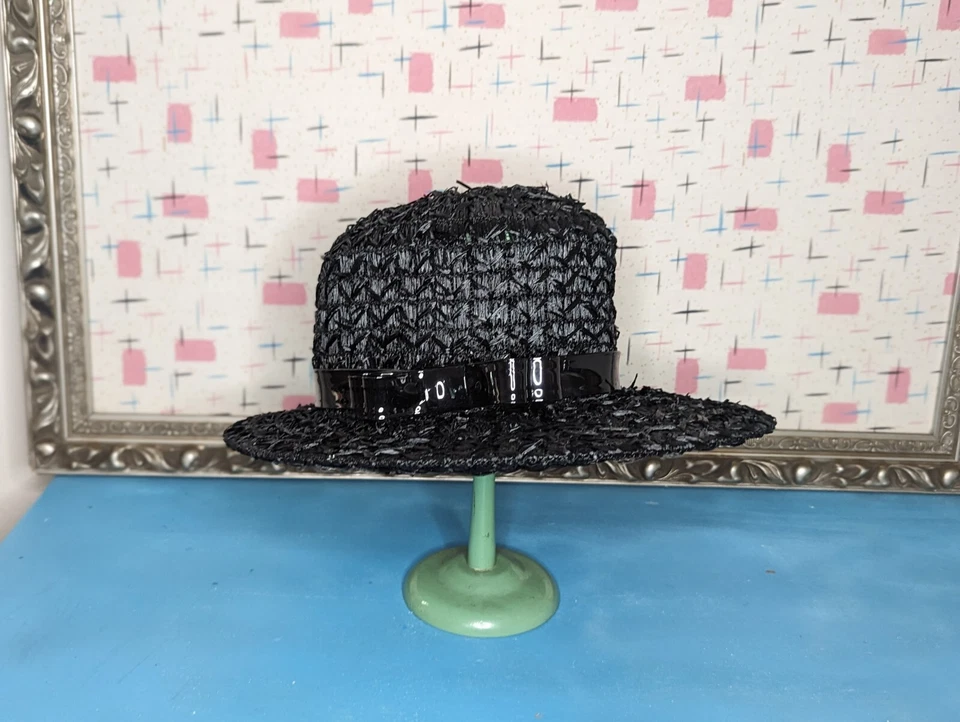 Vintage Womans Straw Wide Brimmed Hat with Patent Leather Bow Sun Hat Black 1960 - Image 1 of 4