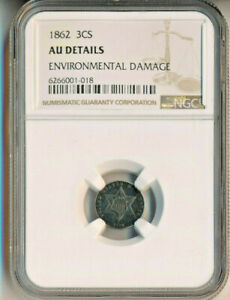 1862 THREE CENT SILVER **NGC CERTIFIED AU DETAILS** FREE SHIPPING!!