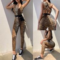 Women Sleeveless Sling Vest Print Open Back Hollow Pants Sexy Jumpsuit Trousers
