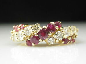 2CT Round Ruby & Diamond Ring 14K Yellow Gold Over Estate Vintage Style Red Band