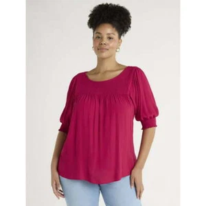 Terra & Sky Women’s Plus Size 1X Red Smocked Blouse with Keyhole Back --M5-- - Picture 1 of 6