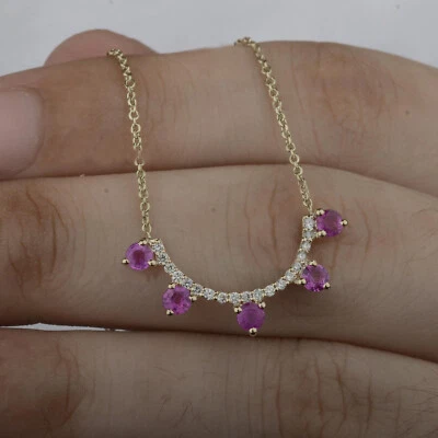 14k Solid Yellow Gold Ruby Arc Curve Diamond PAve Pendant Necklace Jewelry 16in - Image 1 of 2