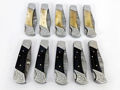 Lot of 10 Custom Handmade Forged Damascus Steel Hunting Folding Knife W/SHEATH - Image 1 of 4