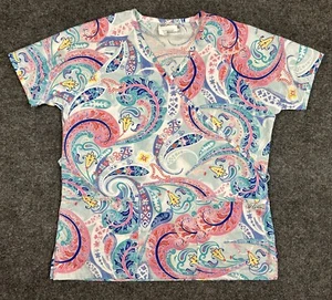 UA Scrubs pink swirls/paisley Scrub Top - white with pink blue purple - Size XS - Picture 1 of 11
