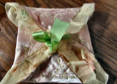 Vintage Hanky Folder Pink Satin Ruffled Net Lace Blue Ribbons - Image 1 of 4