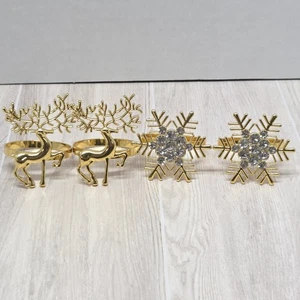 Christmas Napkin Rings Set of 4, Gold Tone Deer Snowflake Napkin Holder - Picture 1 of 3