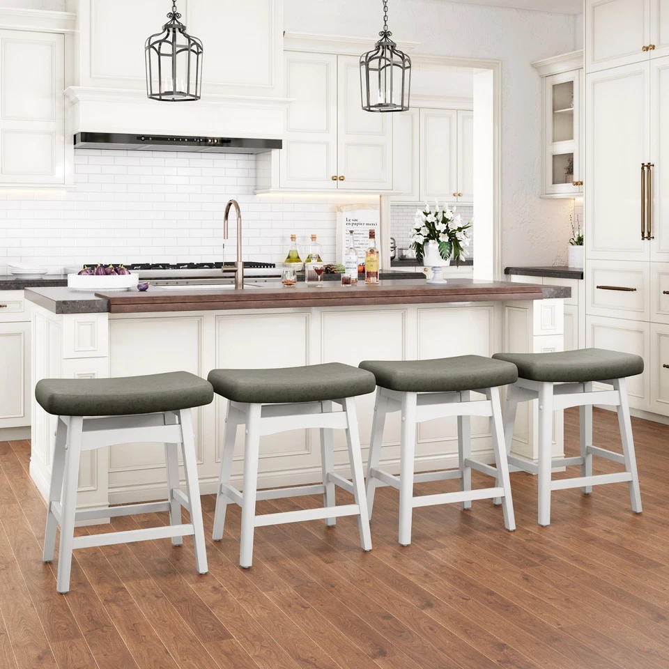 24" Bar Stools Set of 4/3/2/1 Counter Height Saddle Stools White Solid Wood Legs - Image 1 of 4