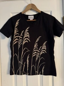 Marushka Handprinted Black V-Neck Sea Oats Graphics T-Shirt Top - Size S - Picture 1 of 3