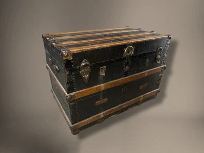 Antique Victorian Flat Top Steamer Trunk with Brass Hardware,  34” Travel Chest - Image 1 of 4
