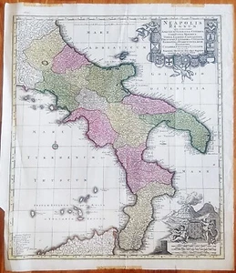 stampa antica Seutter 1729 mappa Regno Napoli calabria puglia basilicata - Picture 1 of 12