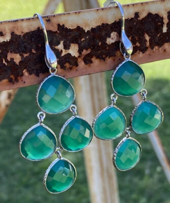 Handmade Natural Green Onyx Chandelier Earrings Sterling Silver .925 - Image 1 of 4