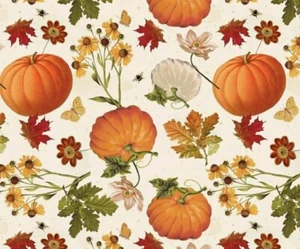 Thanksgiving famille citrouille florale tissu coton david textile quartiers gras - Photo 1/1