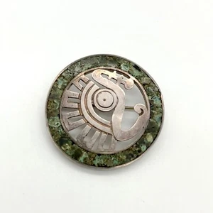 Miguel Melendez Taxco Sterling Silver Blue Green Stone Tribal War Circle Brooch - Picture 1 of 6