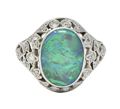 Art Deco Opal Diamond Platinum Ivy Bombé Vintage Gemstone Ring - Изображение 1 из 4