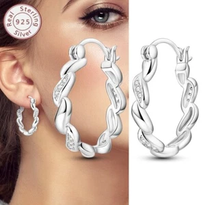 KUNSIR 925 Sterling Silver Sparkling Twisted Rope Huggie Hoop Earrings For Women - Picture 1 of 6