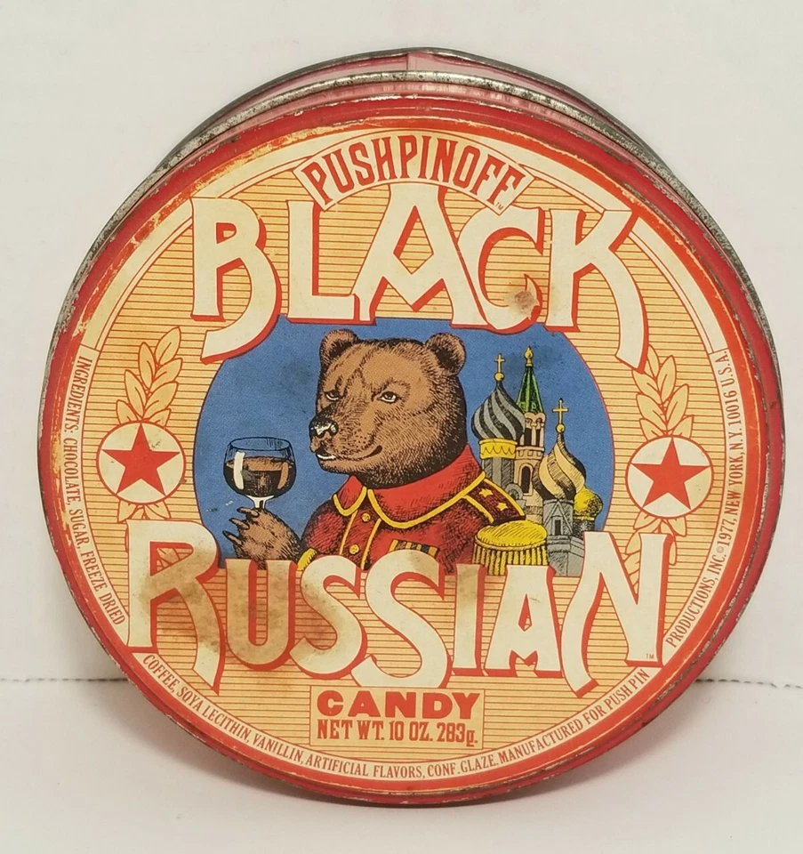 Recipiente de lata de doces russo preto vintage Pushpinoff urso com vidro de vinho - Imagem 1 de 4