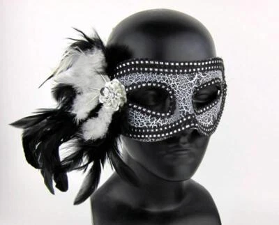 Harlequin Black and White Venetian Masquerade Mask Feather Party Costume OSFA - Image 1 of 4