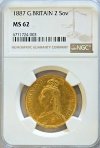 Very Rare UK  1887 Great Britain 2 Sovereign ENGLAND QUEEN VICTORIA NGC MS 62 - Picture 1 of 3