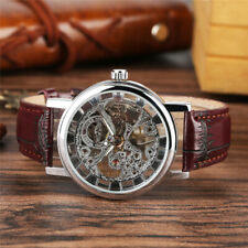 Men Luxury Transparent Mechanical Hand-winding Skeleton Wrist Watch Leather Band
