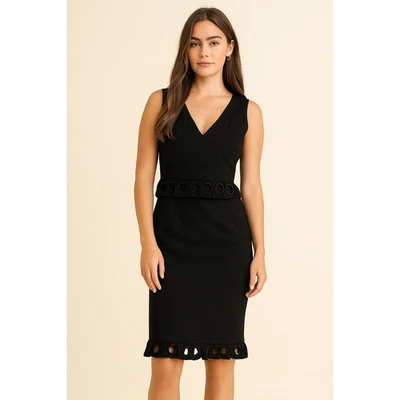 Boutique Moschino Black Peplum Circle Eyelet Sheath Dress Size 8 Elegant - Image 1 of 4