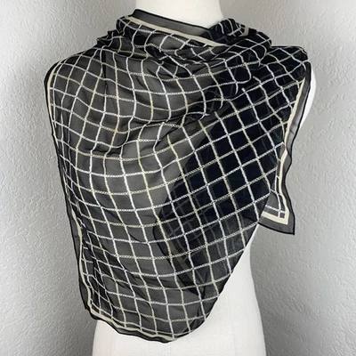 Bufanda cuadrada Talbots negra beige patrón de rejilla geométrica 100 % seda 20" Japón Foto 1 de 4