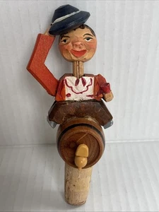 VTG Anri Mechanical Carved Wine Bottle Cork Stopper - Man Tipping Hat on Barrel - Picture 1 of 11