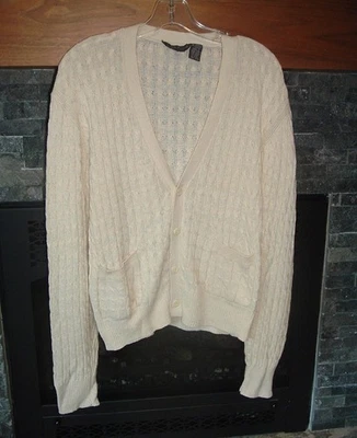 Suéter Vintage Calvin Klein Marfil Lino/Algodón Tejido con Cable Cárdigan Hong Kong M Foto 1 de 4