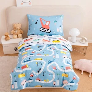 Toddler Bedding Set 4 Piece Boys Cars Blue Vehicles Reversible Comforter - Picture 1 of 7