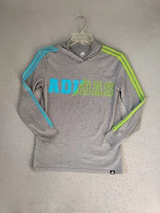 Adidas Shirt Youth Large 14 16 Gray Hooded Long Sleeve Spell Out Pullover Casual - Picture 1 of 9