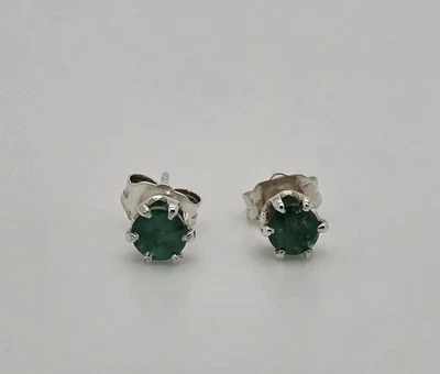 Estate Sterling Silver 4MM Round Green Emerald Solitaire Stud Earrings - Image 1 of 4