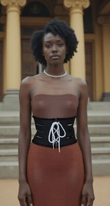 Women Wide Corset Black Denim Jeans Fabric Fashion Belt High Waist Adjustable M - Picture 1 of 24