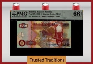TT PK 37c 2001 ZAMBIA BANK OF ZAMBIA 50 KWACHA PMG 66 EPQ GEM UNCIRCULATED