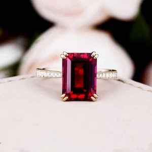 Emerald Cut Lab Created Red Ruby Women's Ring 14K Yellow Gold Plated 925 Silver - Picture 1 of 4