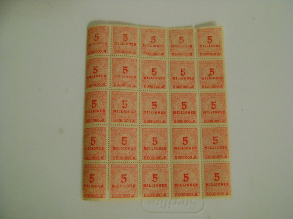 VTG GERMANY DEUTSCHES REICH 5 MILLIONEN  BLOCK OF 25 INFLATION STAMPS UNUSED - Image 1 of 1